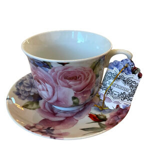 Kent Pottery Teacup & Saucer Set Pink and Lavender Roses Floral Ceramic New